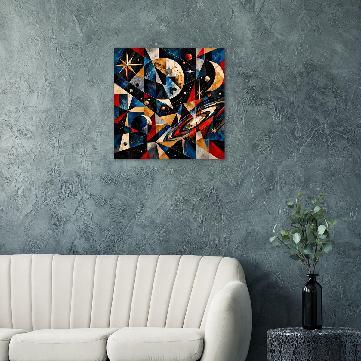 Abstraktes Weltraum-Poster mit Planetenbögen, goldenen Sternen und rot-blauen Zacken