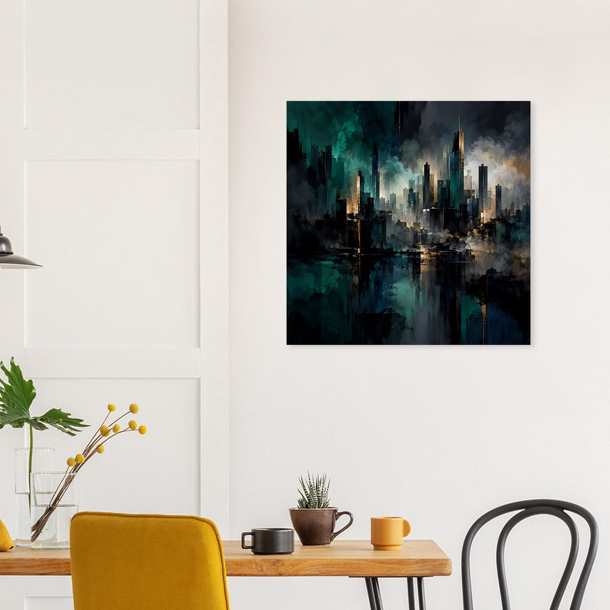 Quadratisches abstraktes Stadtposter: Skyline-Spiegelung in Blaugrün mit goldenen Lichtpunkten.