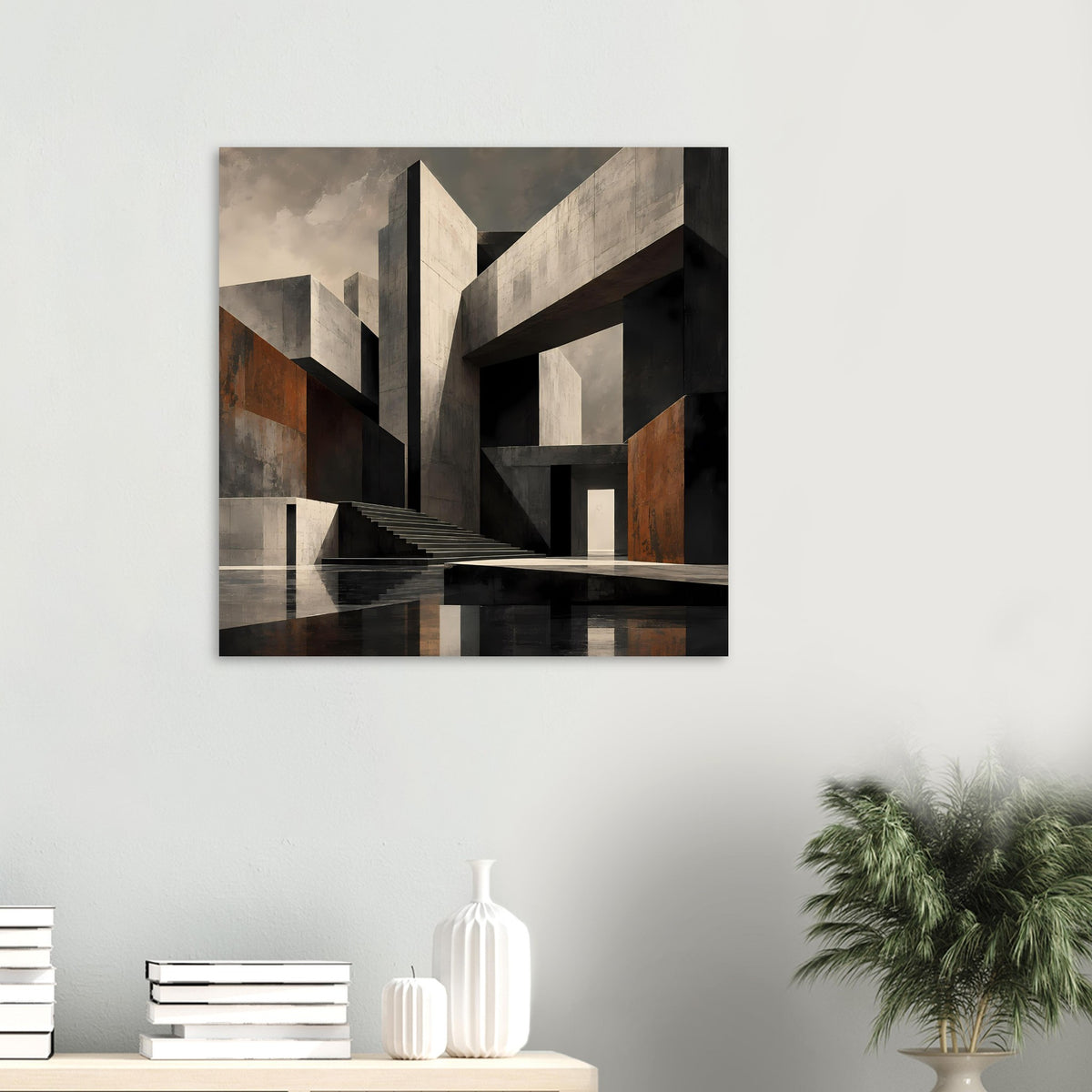 Architekturposter im Querformat mit Treppe, dunklen Schattenräumen und Akzenten in Rostbraun