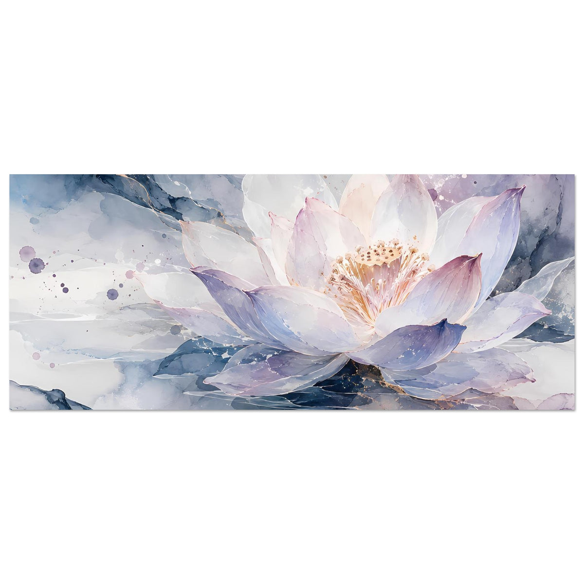 Breites Poster mit Lotusblüte im Aquarell-Look, blauen Bergen und Farbspritzern