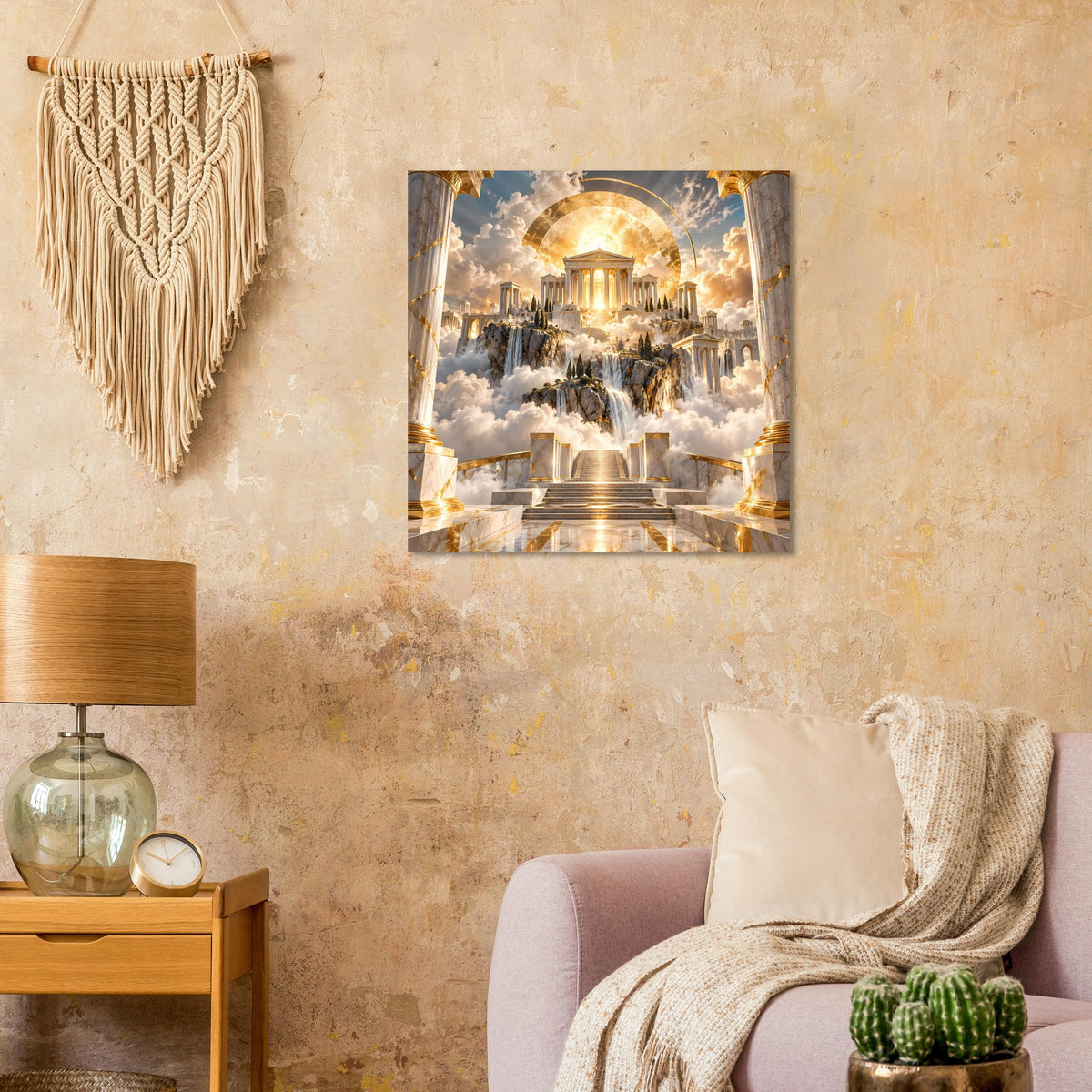 Wandposter mit goldenem Tempelmotiv, kreisförmigem Lichtkranz und Wasserfall-Landschaft