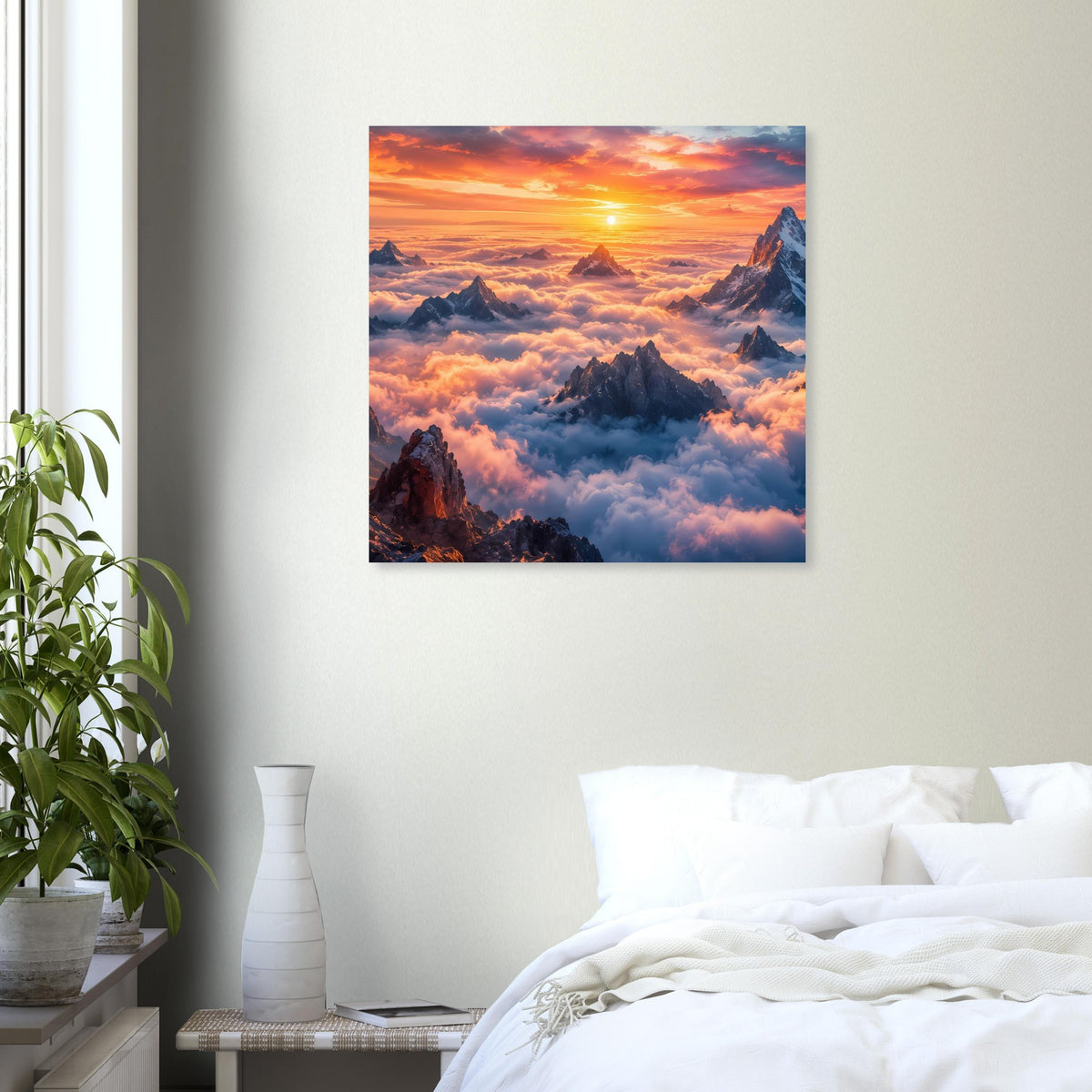 Gerahmtes Poster: Sonnenaufgang über Bergen über dichtem Wolkenmeer