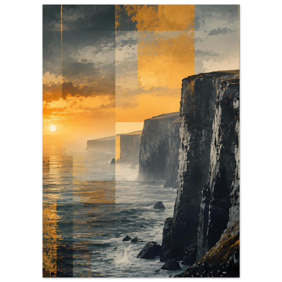Hochformatiges Poster mit Sonne am Horizont, Meer und steilen Klippen, warmes Orange