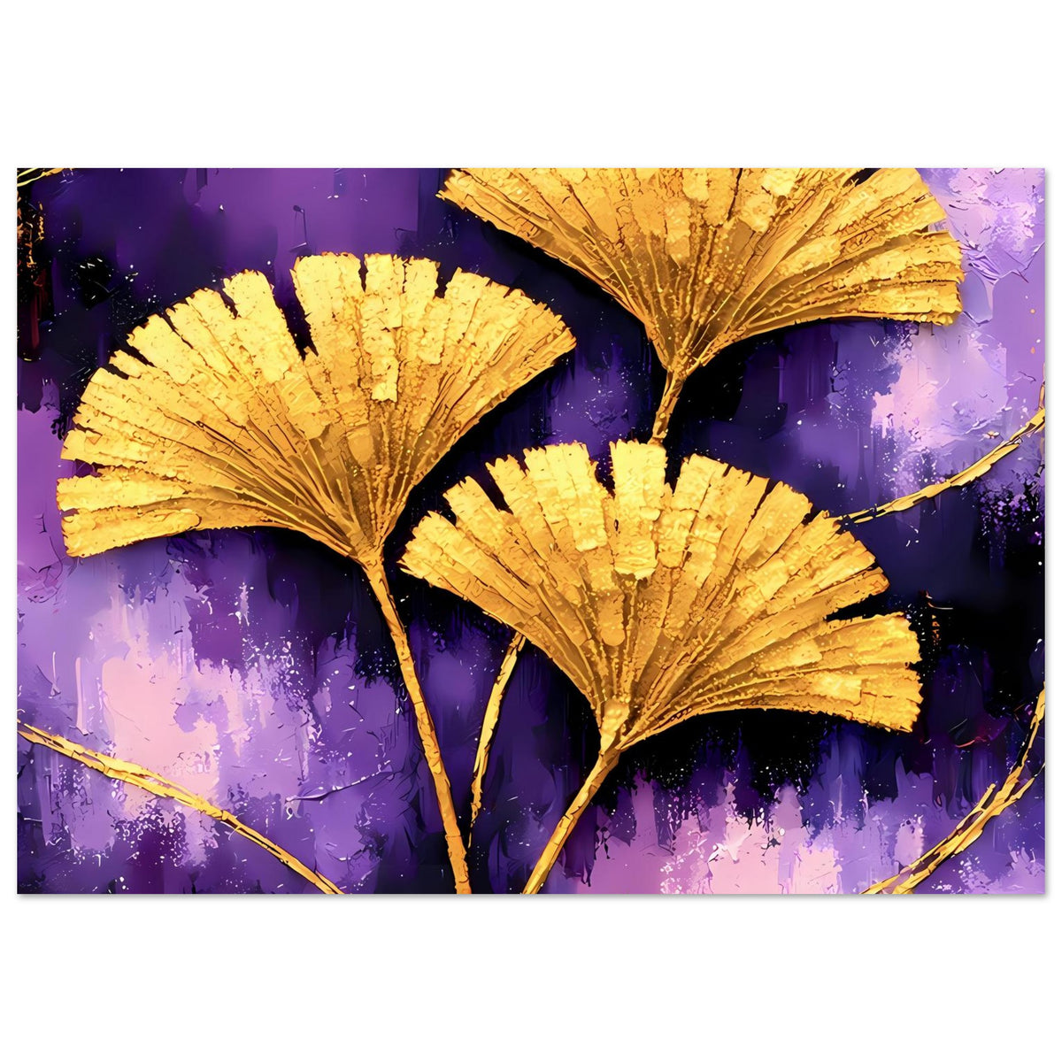 Horizontales Poster mit drei goldenen Ginkgo-Blättern auf violettem Hintergrund und Ästen