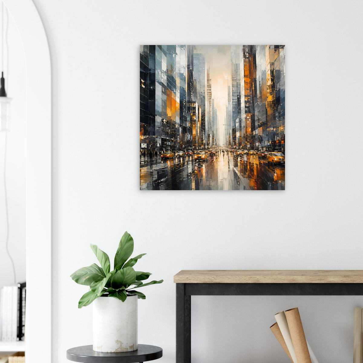Wandposter mit städtischem Straßenzug, Lichtreflexen und gelben Taxis