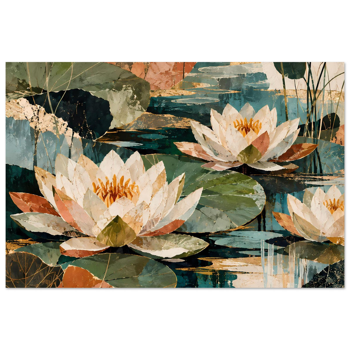 Botanisches Poster mit drei Seerosenblüten in Weiß und Orange, umgeben von Blattgrün