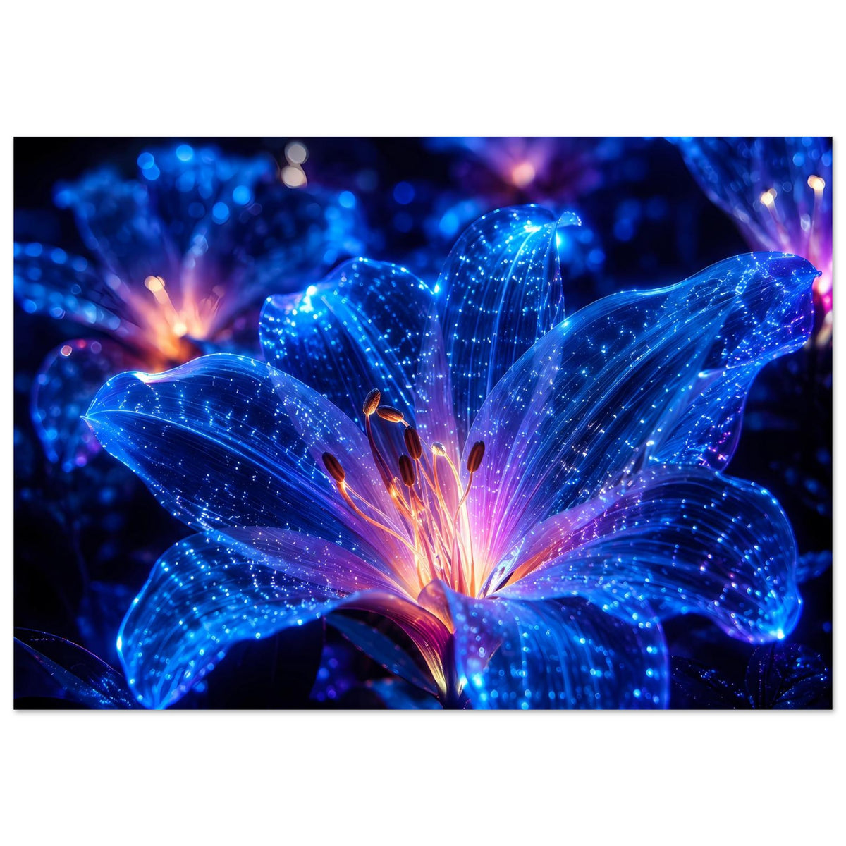 Leuchtendes Blumenposter, horizontales Format: blaues Blütenmeer mit funkelnden Lichtpunkten