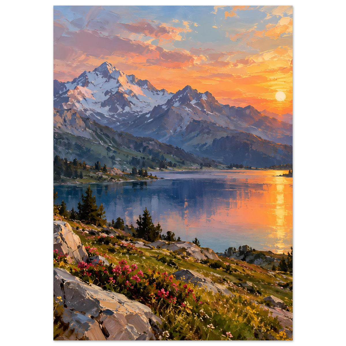 Poster: Sonnenuntergang am Bergsee, Berge im Dunst, orange Licht, ruhiges Wasser und Blüten