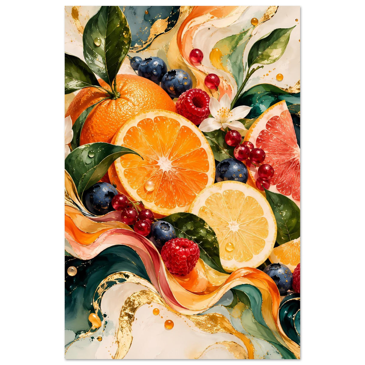 Poster mit Früchten in Farb-Spritztechnik: Orange, Grapefruit, Blaubeeren, Beerenblätter