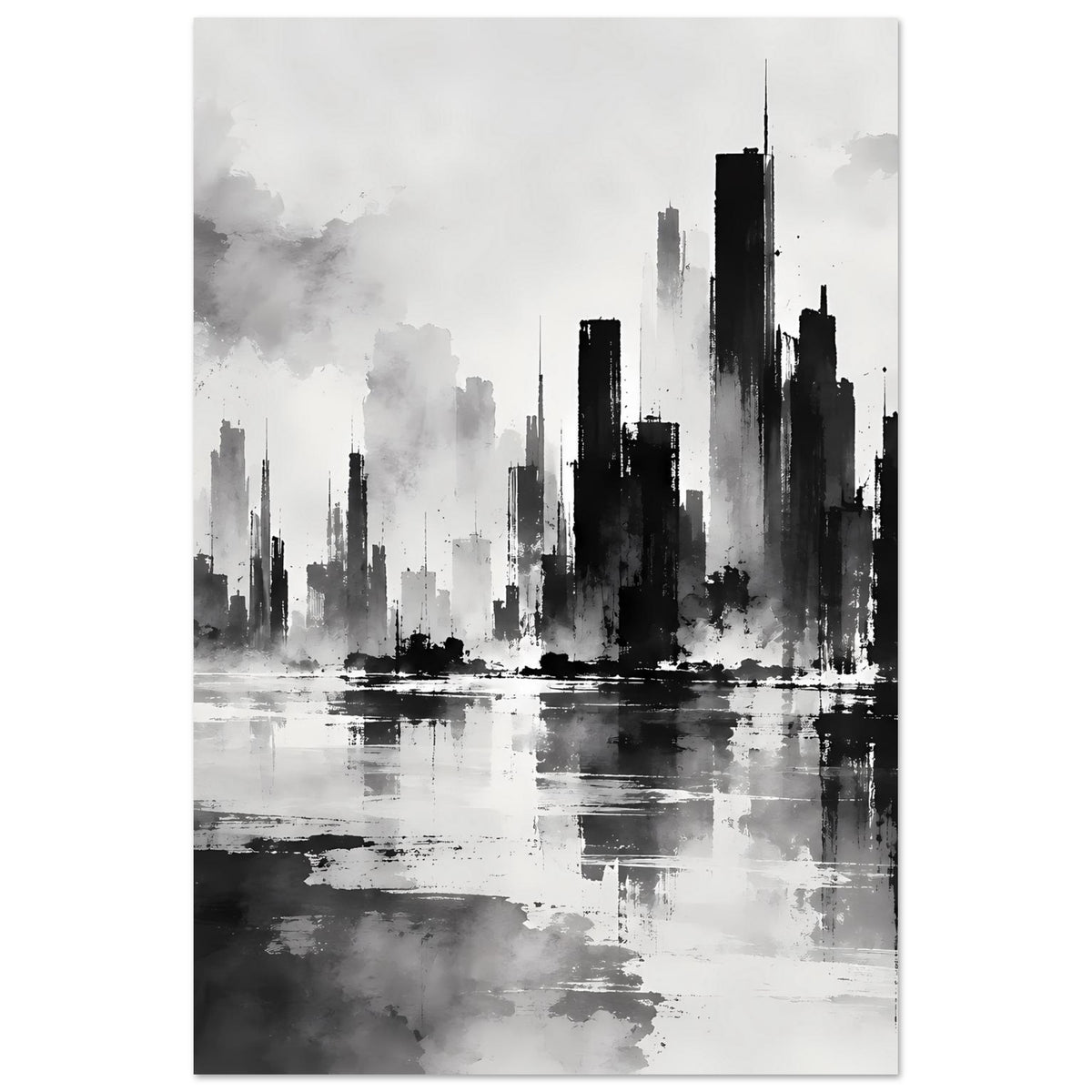 Schwarzweiß-Poster mit dramatischer City-Skyline und Spiegelung im Wasser