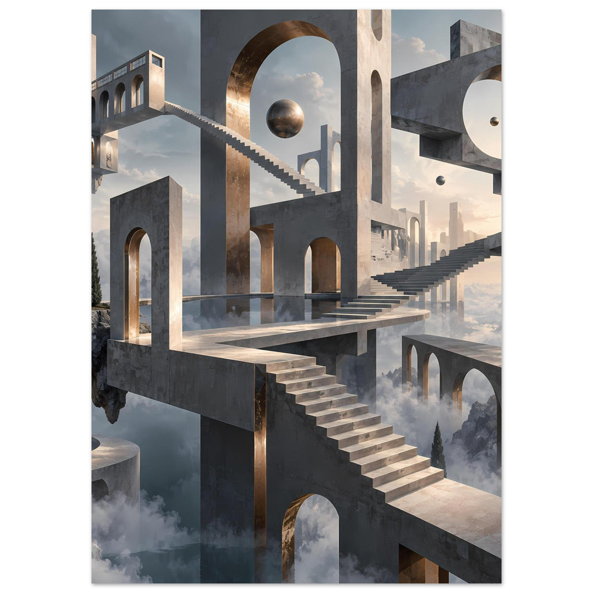 Architekturposter mit schwebender Treppe, Säulenbögen und goldener Rundöffnung, Kugel