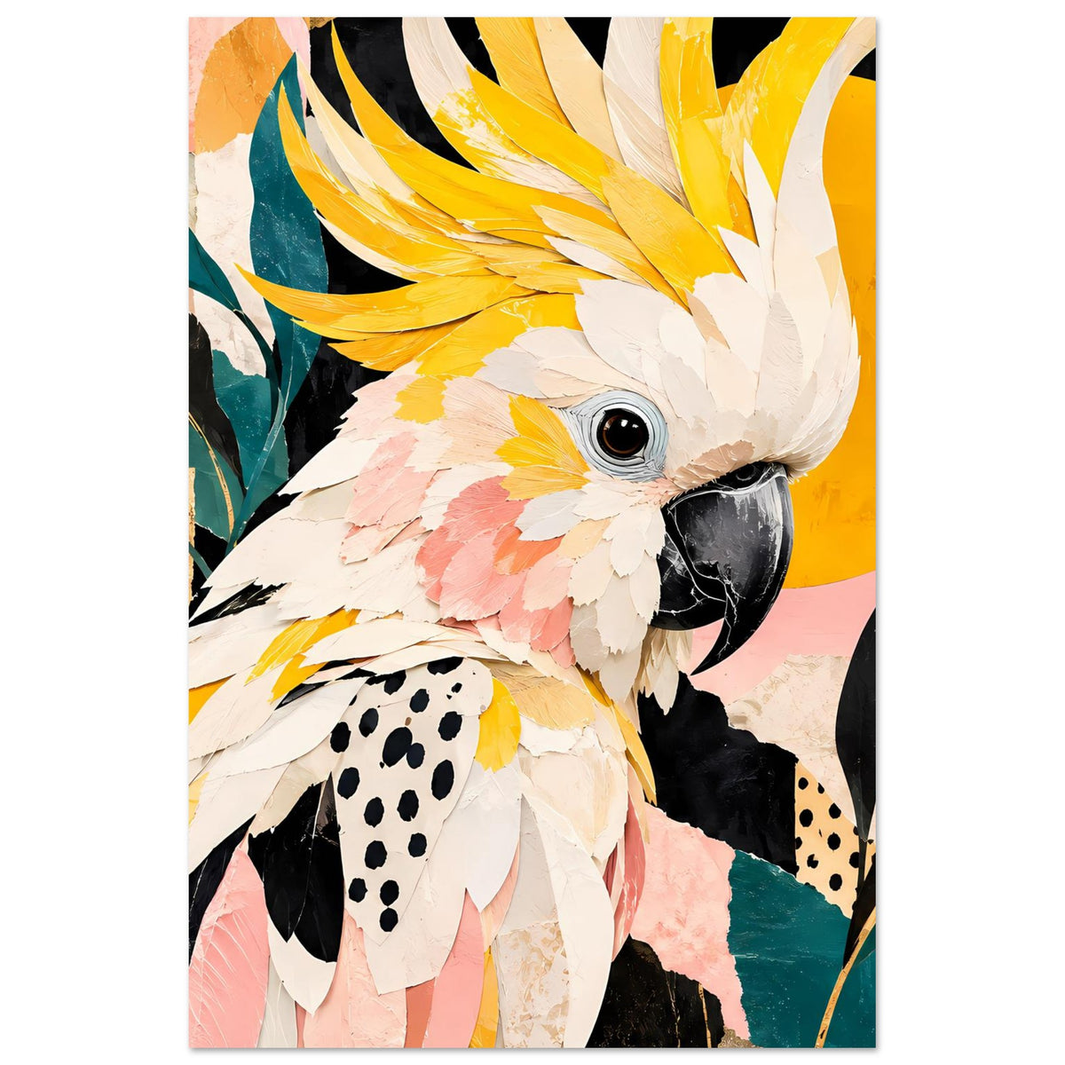 Vogelkunst-Poster mit buntem Kakadu, gelb-rosa Federwerk und schwarzem Schnabel