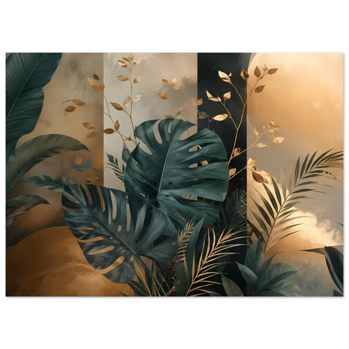 Poster mit tropischen Monstera- und Palmblättern in Petrolgrün und Gold, horizontal