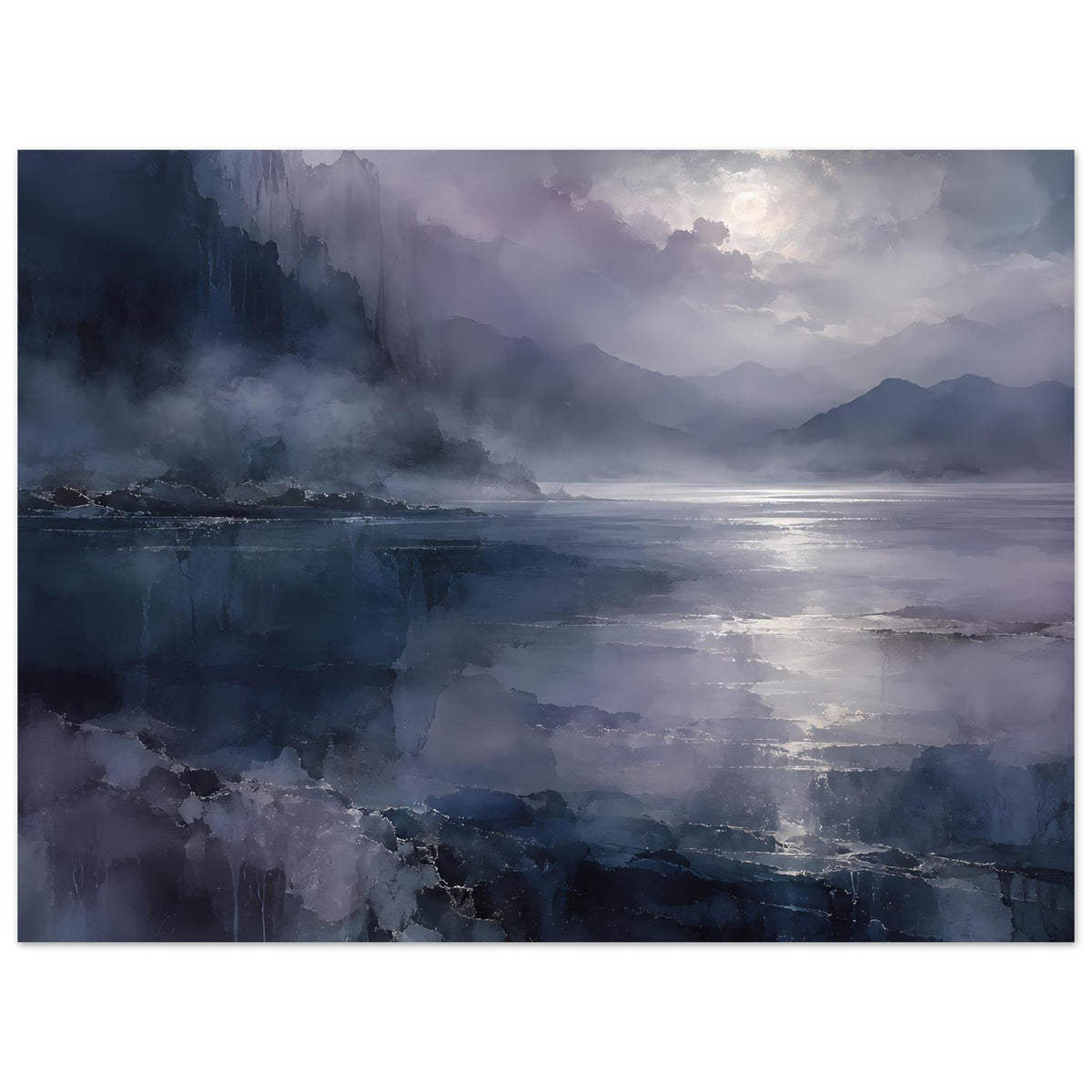 Horizontales Landschaftsposter mit wolkigem Himmel, Nebel an der Küste und blauem Meer