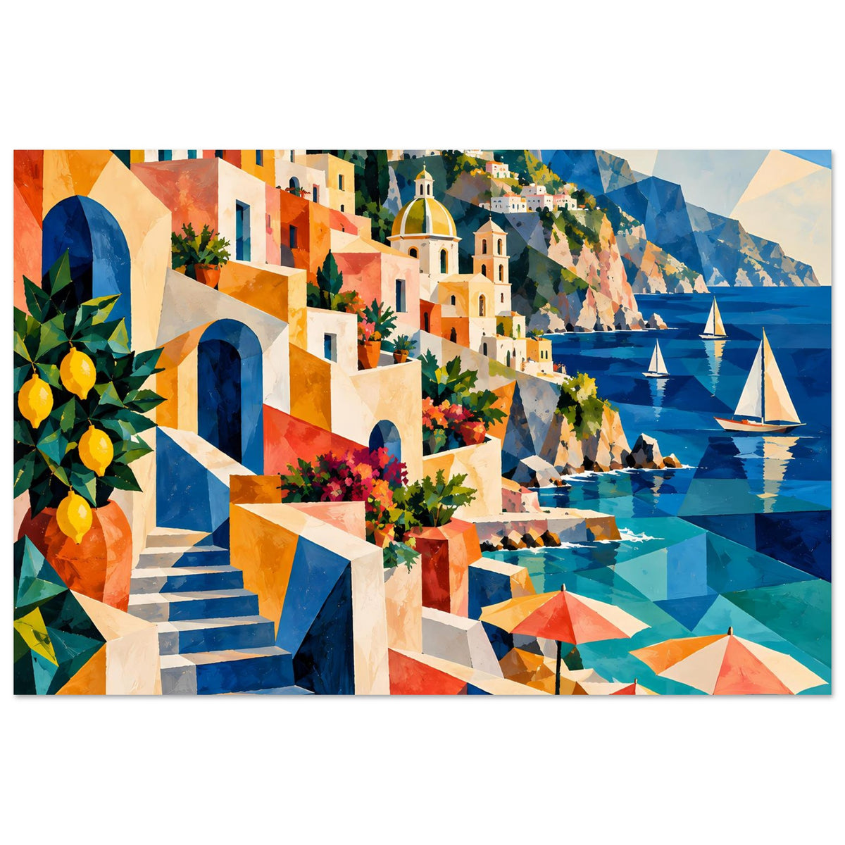 Mediterranes Küstenmotiv-Poster mit Blick aufs Meer, Boote und Sonnenschirm-Details