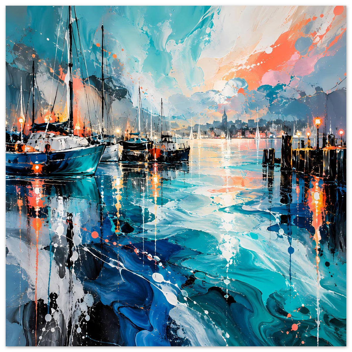 Horizontales Poster mit Hafenbild: Segelboote, reflektierendes Wasser, blau-orange Wolken