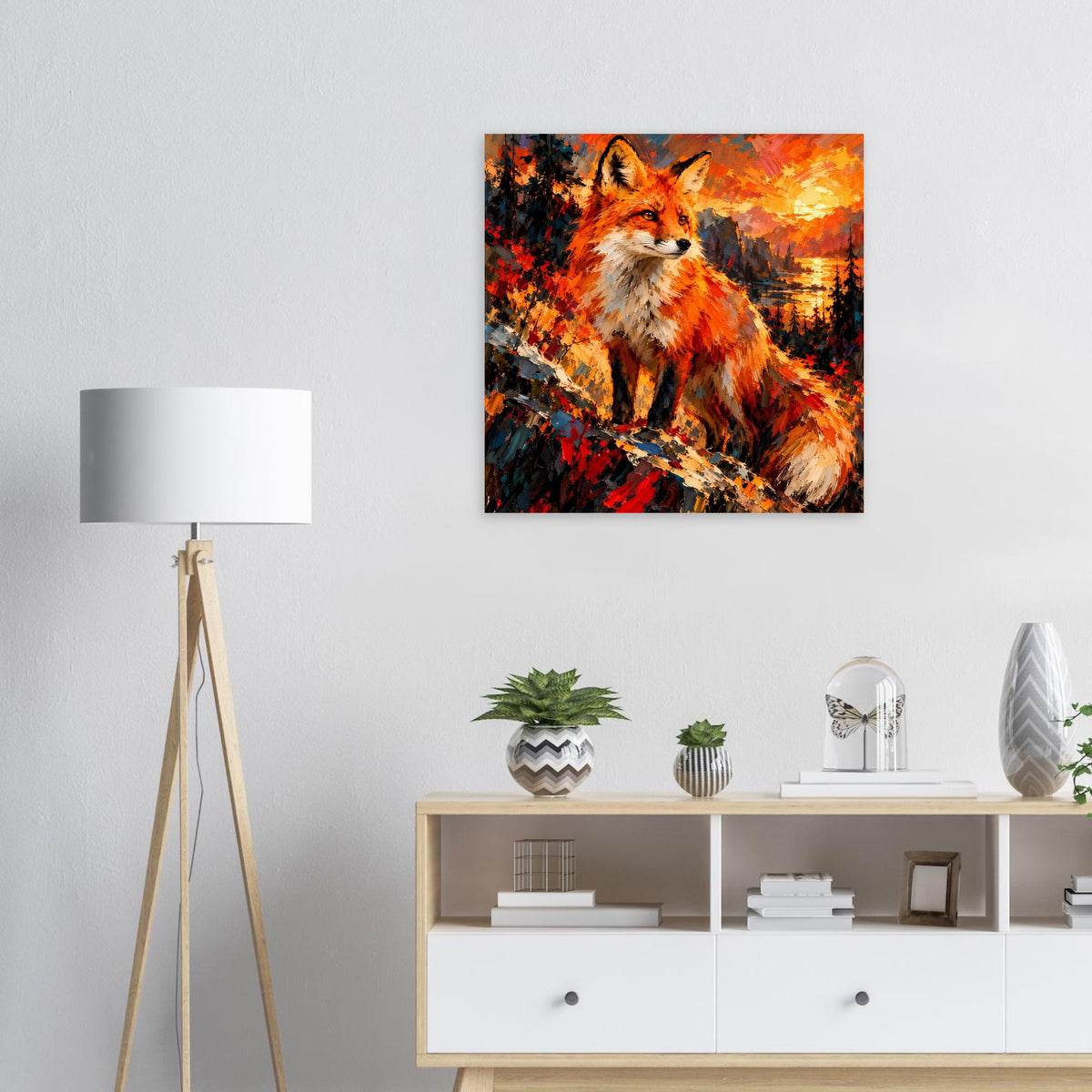Poster mit Fuchs-Porträt in leuchtenden orange-roten Herbstfarben