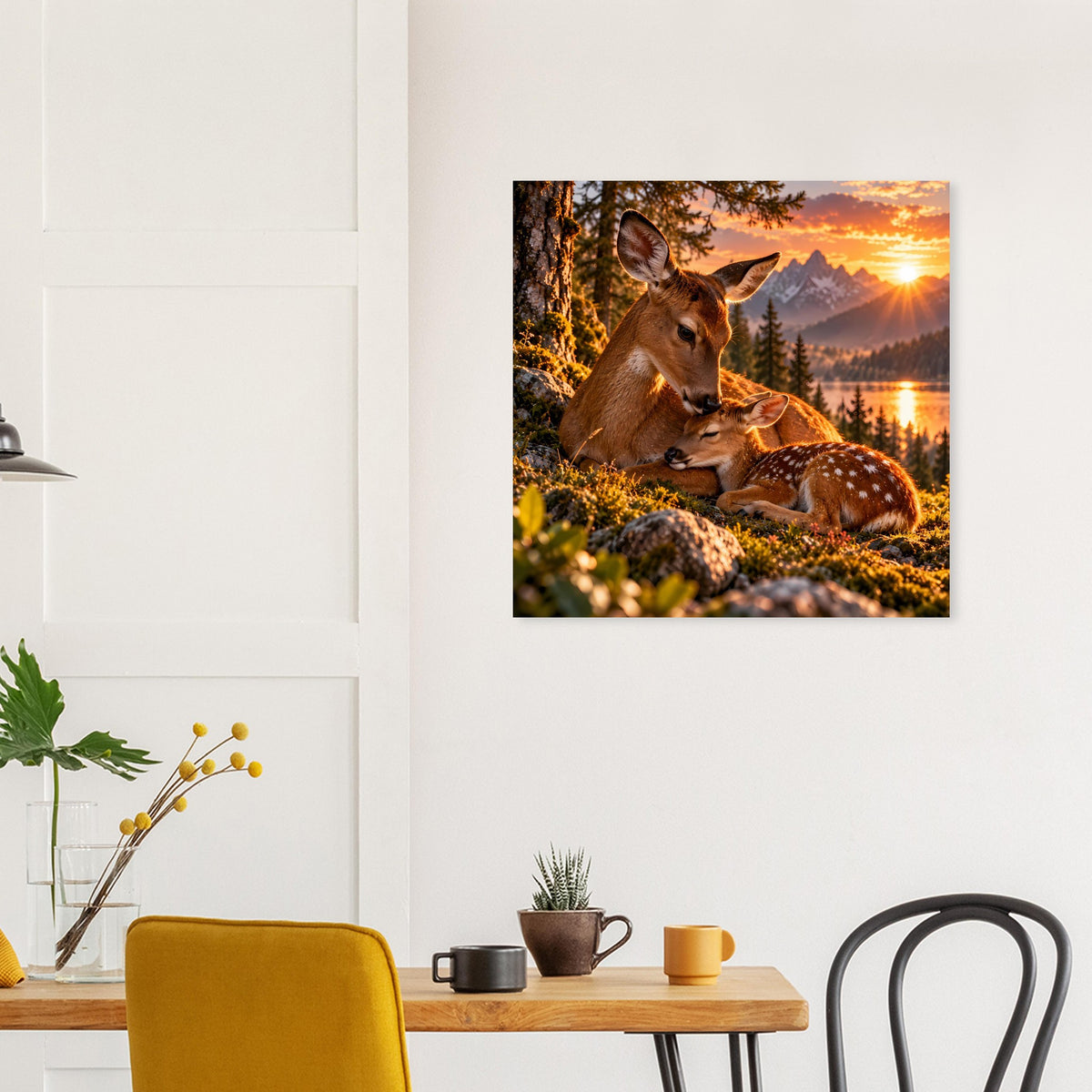 Quadratisches Poster mit Hirsch und Rehkitz im Sonnenuntergang, Berge und Tannen