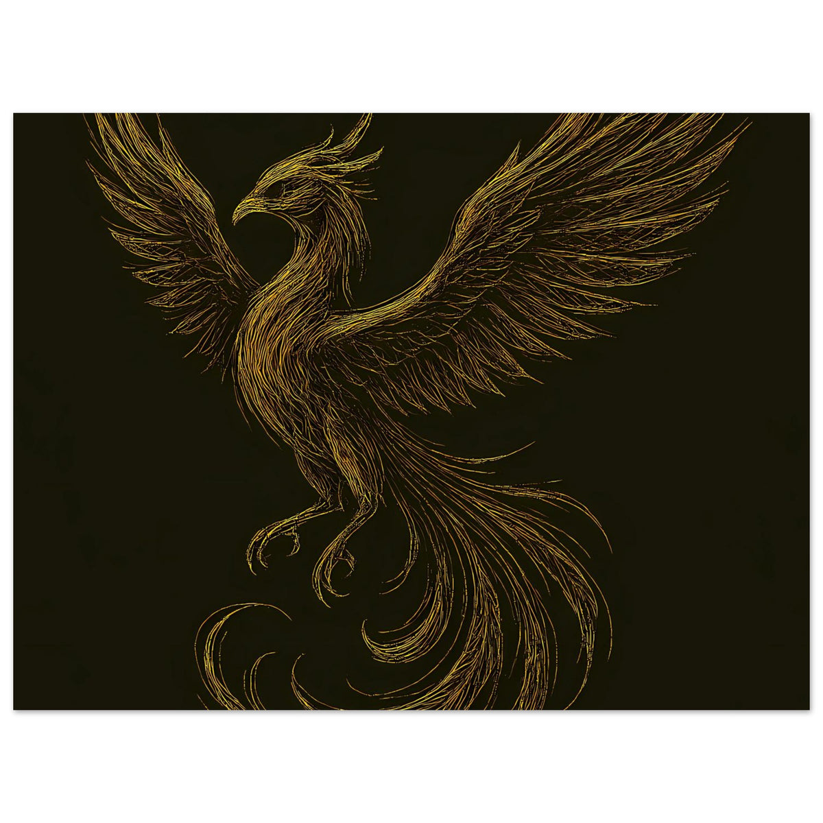 Poster mit goldener Phönix-Figur, ausgebreitete Schwingen, mittig auf dunklem Grund