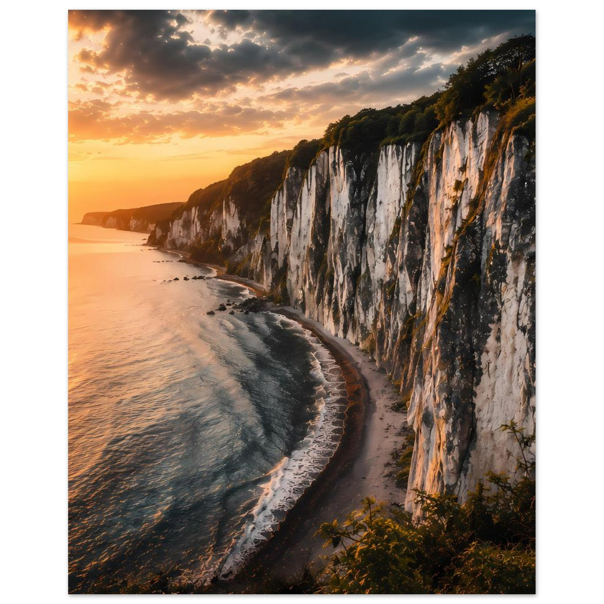 Poster mit Küstenbucht und Steilklippen, weiße Felsen, Wellen, goldener Abendhimmel