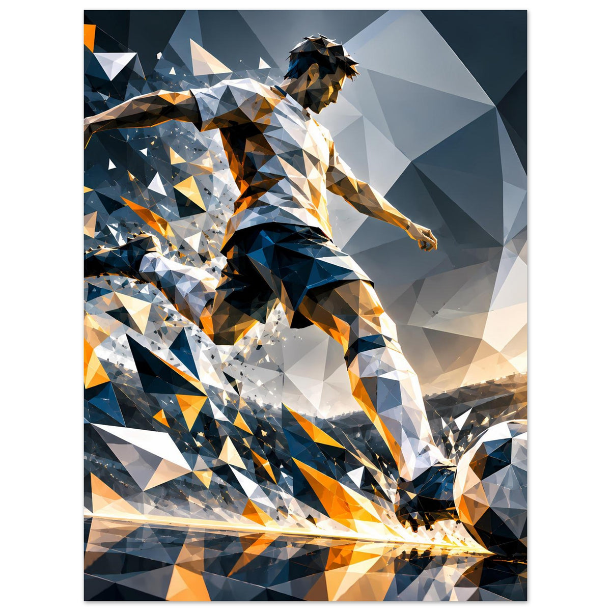Fußballposter mit abstraktem Spieler in Blau und Orange, dynamische Low-Poly-Szene