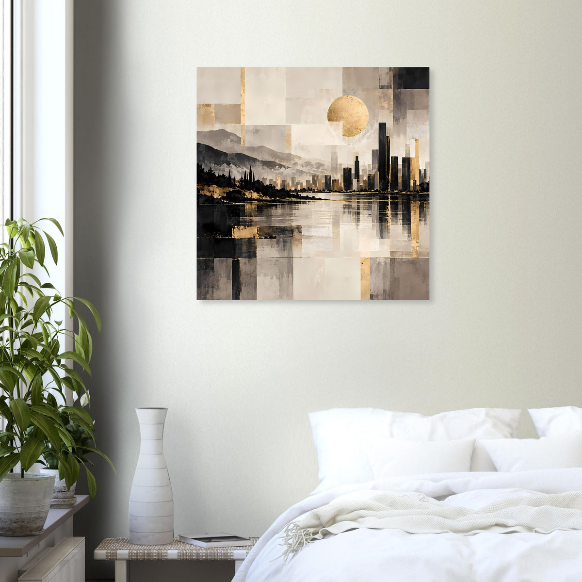 Stadtbild-Poster mit goldener Sonne, schwarzer Skyline und Spiegelung im Wasser