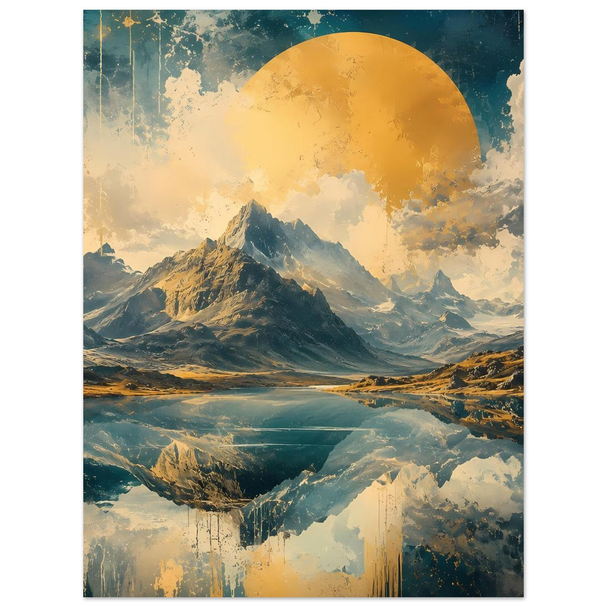 Poster mit Berglandschaft und spiegelnder Aussicht in Blau- und Goldtönen, vertikal