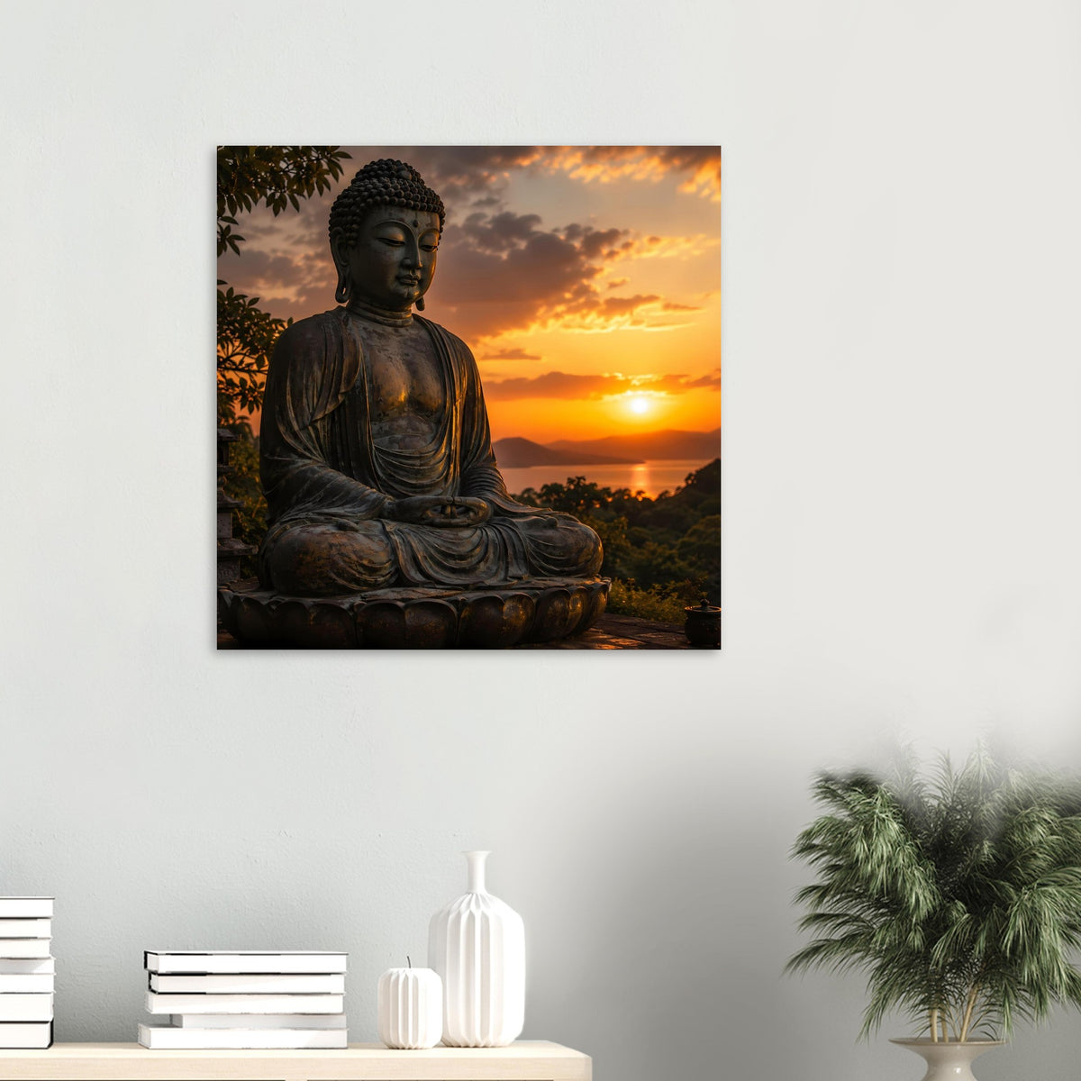 Quadratisches Poster mit Buddha-Skulptur im Meditationssitz und untergehender Sonne