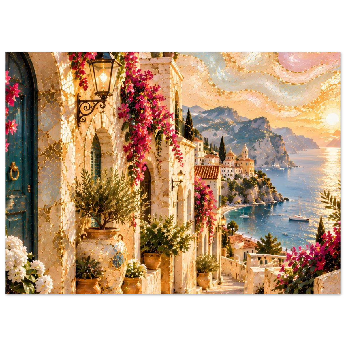 Mediterranes Poster (Querformat): Steinbogen-Gasse, Laternen, üppige Blumen und Wasserlandschaft.