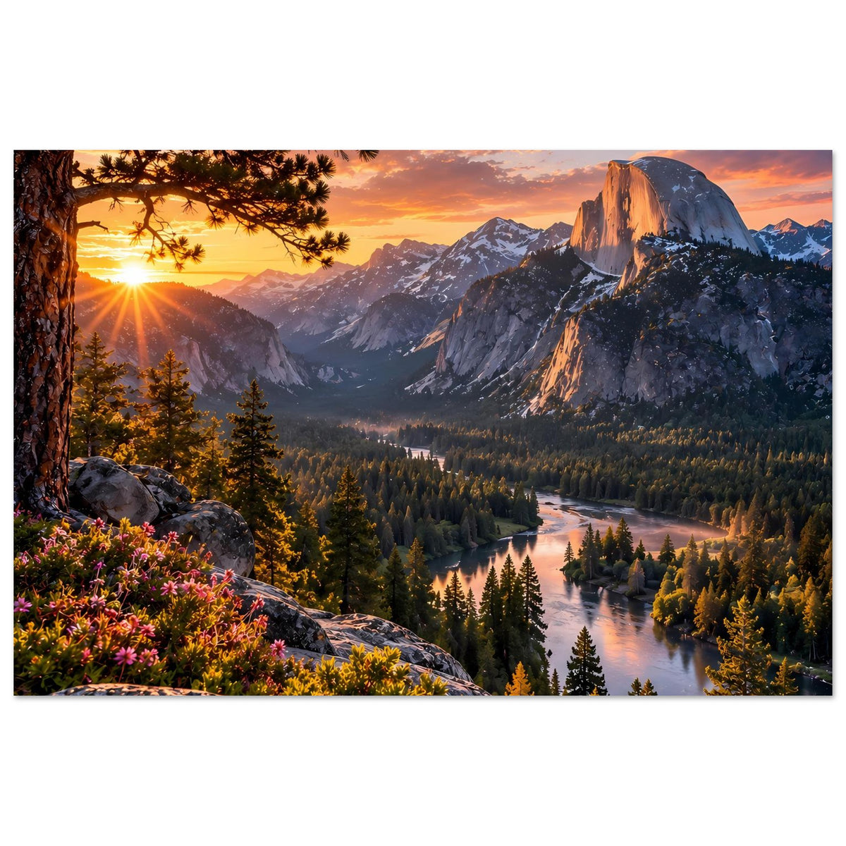 Poster im Querformat mit Sonnenaufgang, Felsen und Blumenhang, Bergtal und Fluss