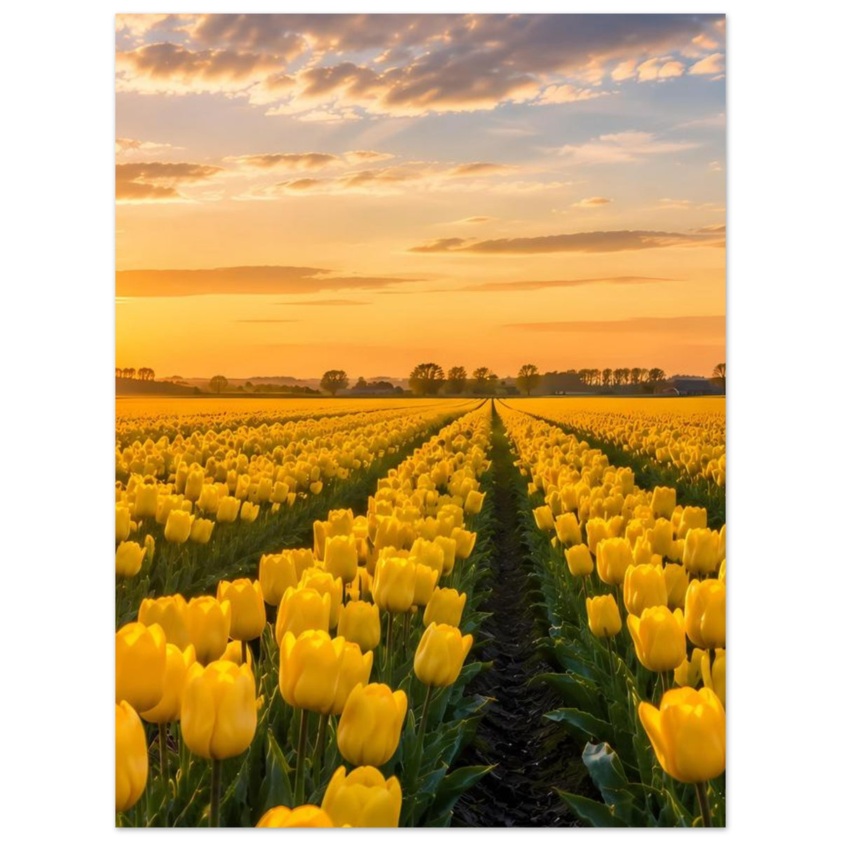 Poster: gelbes Tulpenfeld mit schmalem Weg Richtung Windmühle bei Sonnenuntergang