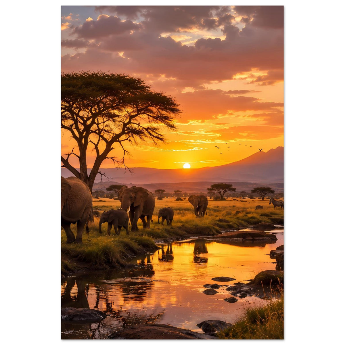 Elefanten-Savannenposter: Elefanten und Jungtiere am Fluss, Akazienbaum bei Sonnenuntergang.