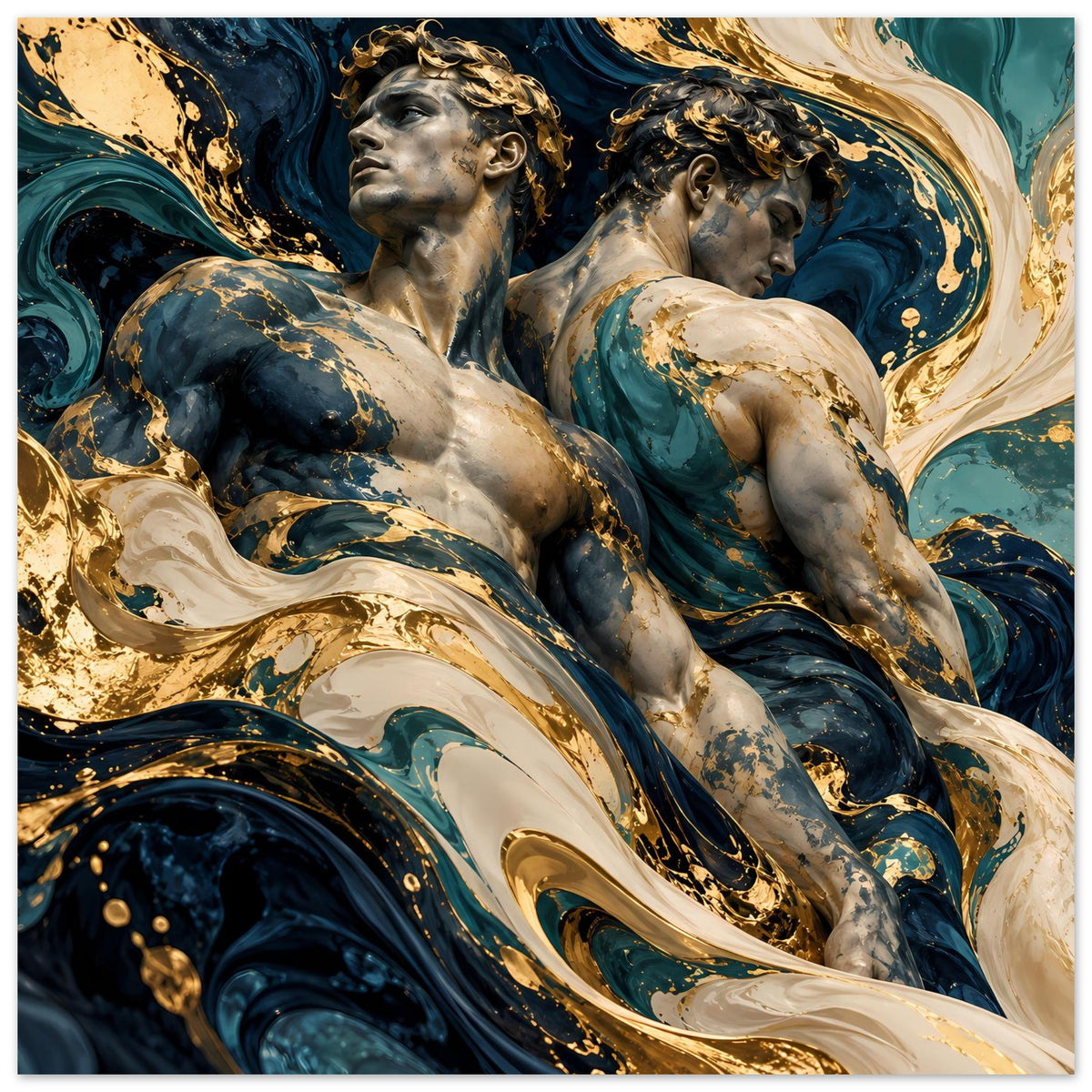 Kunstposter, Nahansicht zweier Frauenfiguren in Blau und Gold mit marmorierten Akzenten