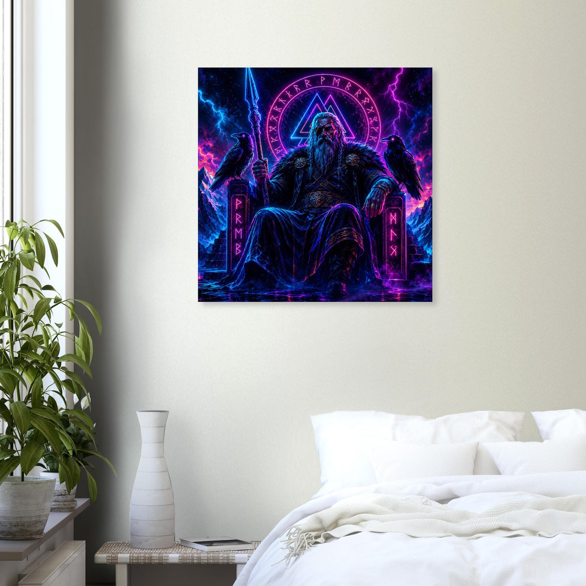 Quadratisches Fantasy-Poster: Wikingerkönig mit leuchtendem Runenkreis in Blau und Violett