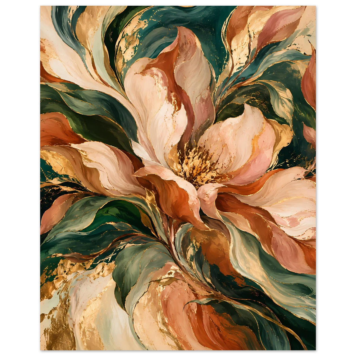 Blumenposter (Hochformat) mit Pfingstrosenblüten in Apricot, Creme und dunklem Grün