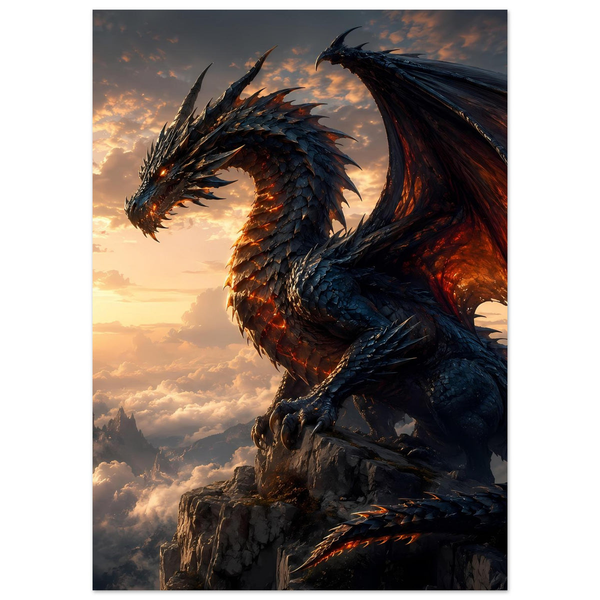 Vertikales Fantasy-Drachenposter mit Drachenkopf, Flügelansatz und orangeglühenden Details