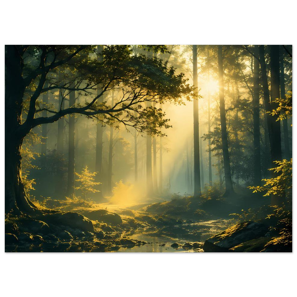 Querformat-Poster: Wald im Sonnenlicht, Nebel zwischen Baumstämmen, Bach im Vordergrund.