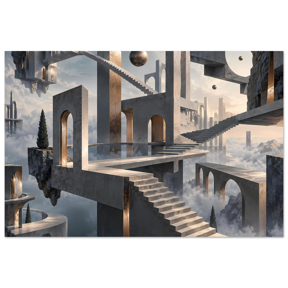 Architekturposter: schwebende Treppe mit goldenen Torbögen, Steinarkaden und Säulen