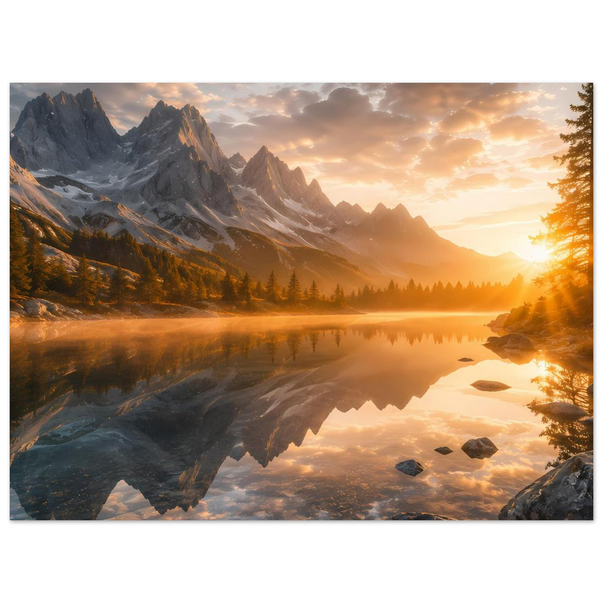 Horizontales Poster mit Bergketten, Bergsee und goldenem Sonnenlicht, Felsen am Ufer