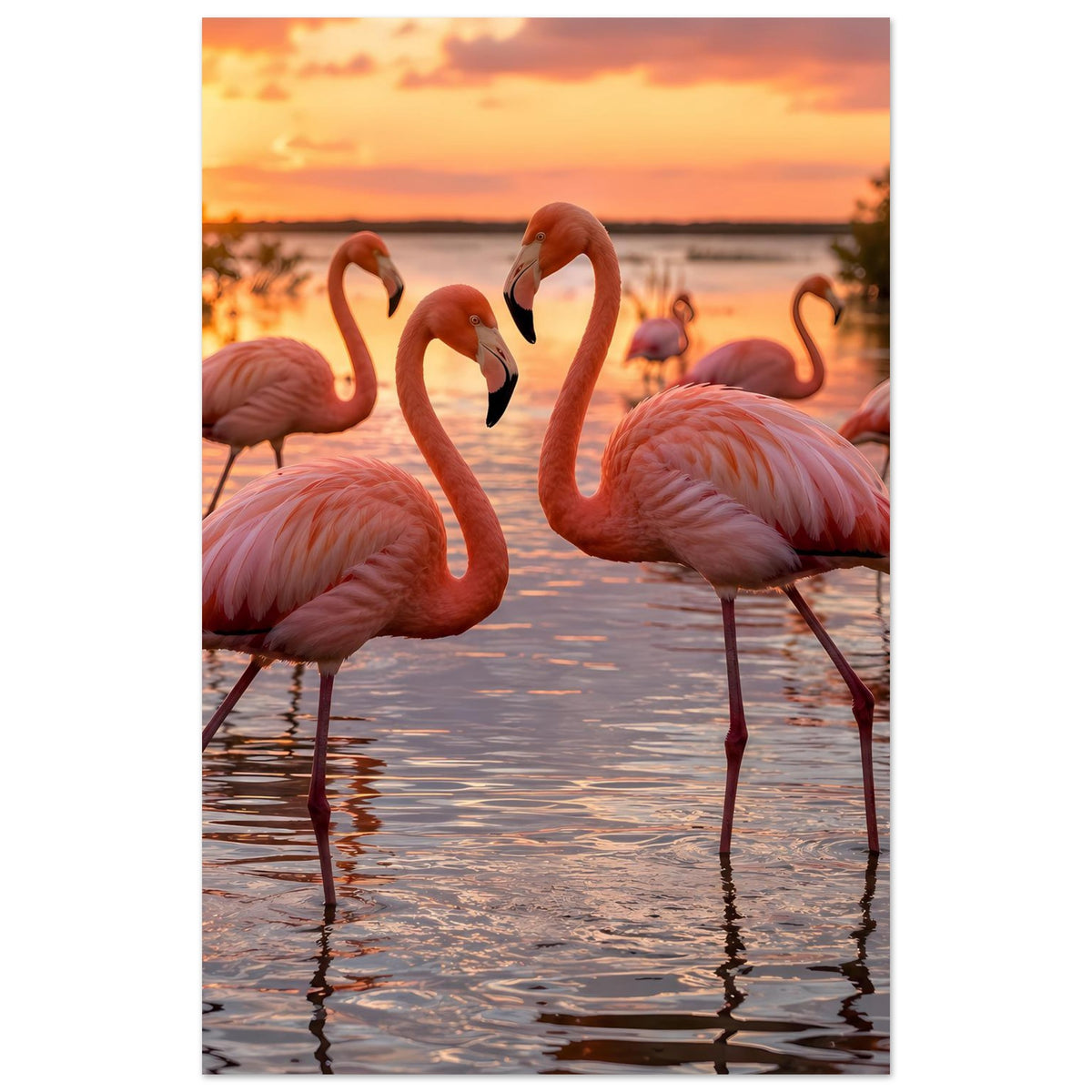 Poster im Hochformat mit zwei rosa Flamingos im Vordergrund, Abendsonne
