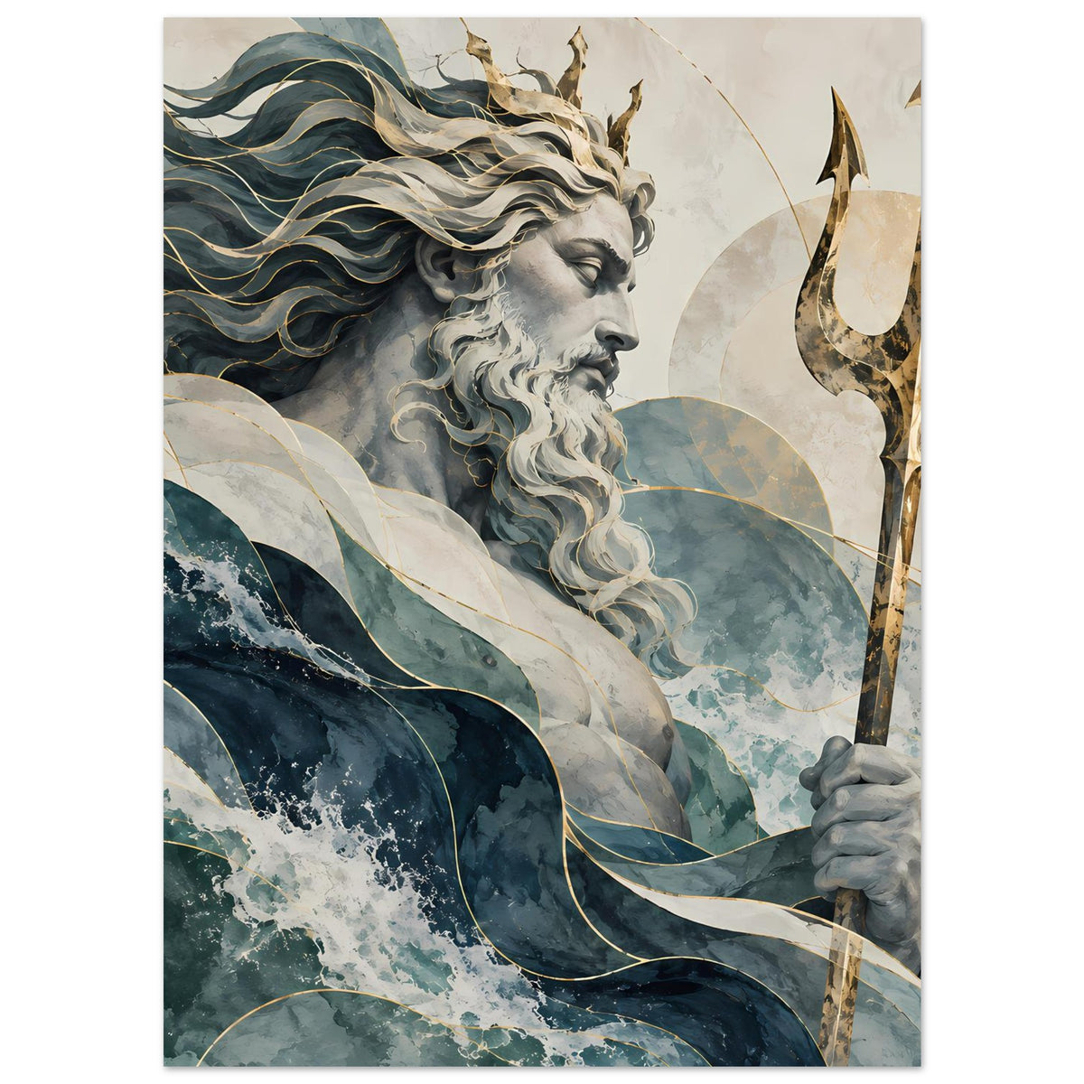 Wandkunst-Poster mit Poseidon im Meer-Stil, Dreizack und Wellen in Blau und Grau
