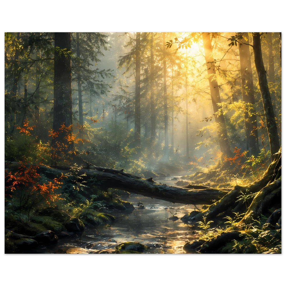 Horizontales Poster Wald-Bach bei goldenem Licht, Steine und Pflanzen am Wasser