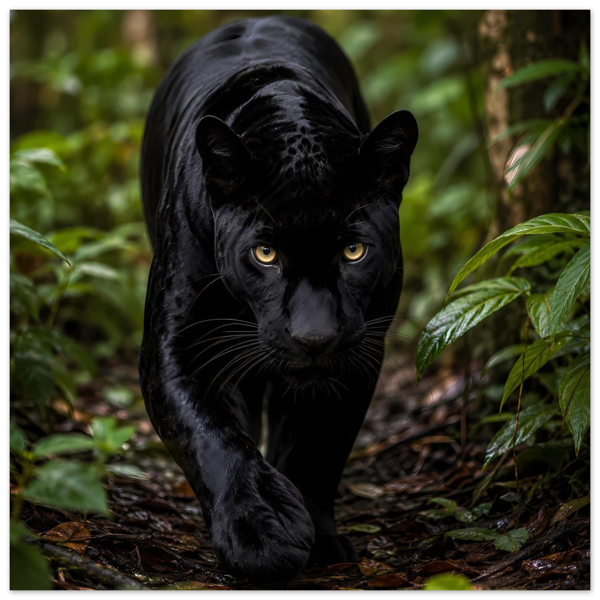 Poster mit schwarzem Panther, gelbe Augen, Vorderpfoten beim Vordringen