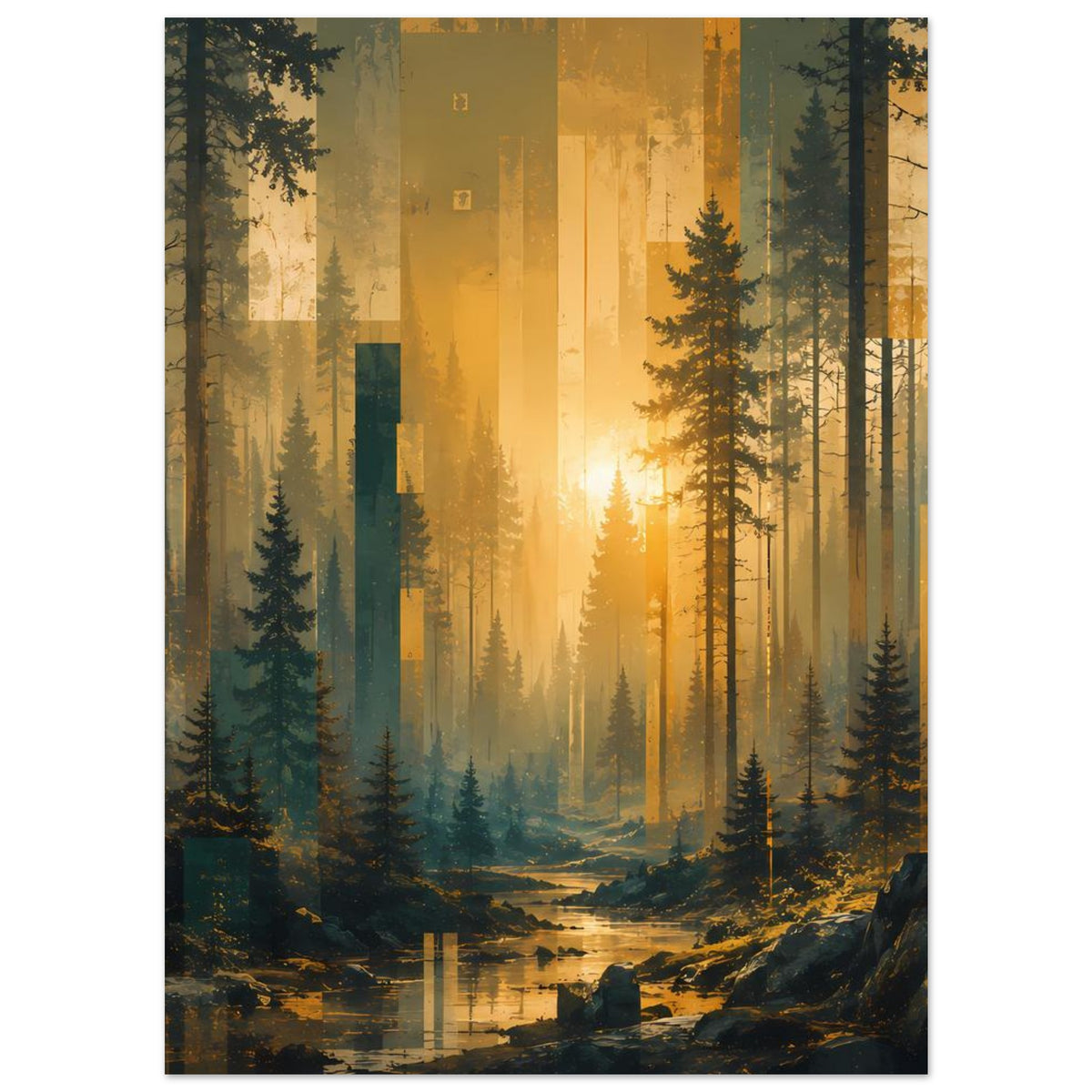 Waldlandschafts-Poster mit Sonnenaufgang über dem Wald, Fichten und goldenem Himmel
