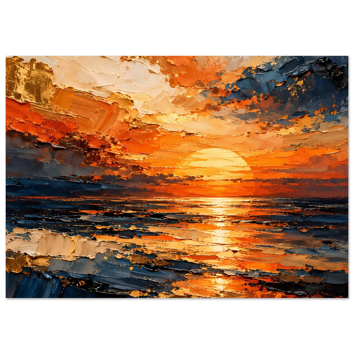 Abstraktes Meer-Poster mit orangefarbenem Lichtband am Horizont und blauen Flächen
