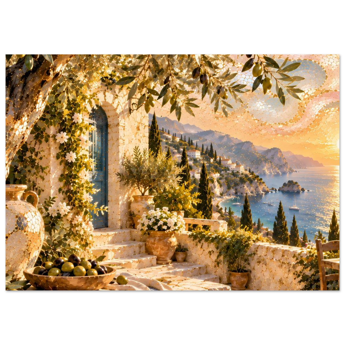 Kunstdruck mit Aussicht: Treppe, Olivenzweige, goldene Deko und Wasser mit Segelbooten