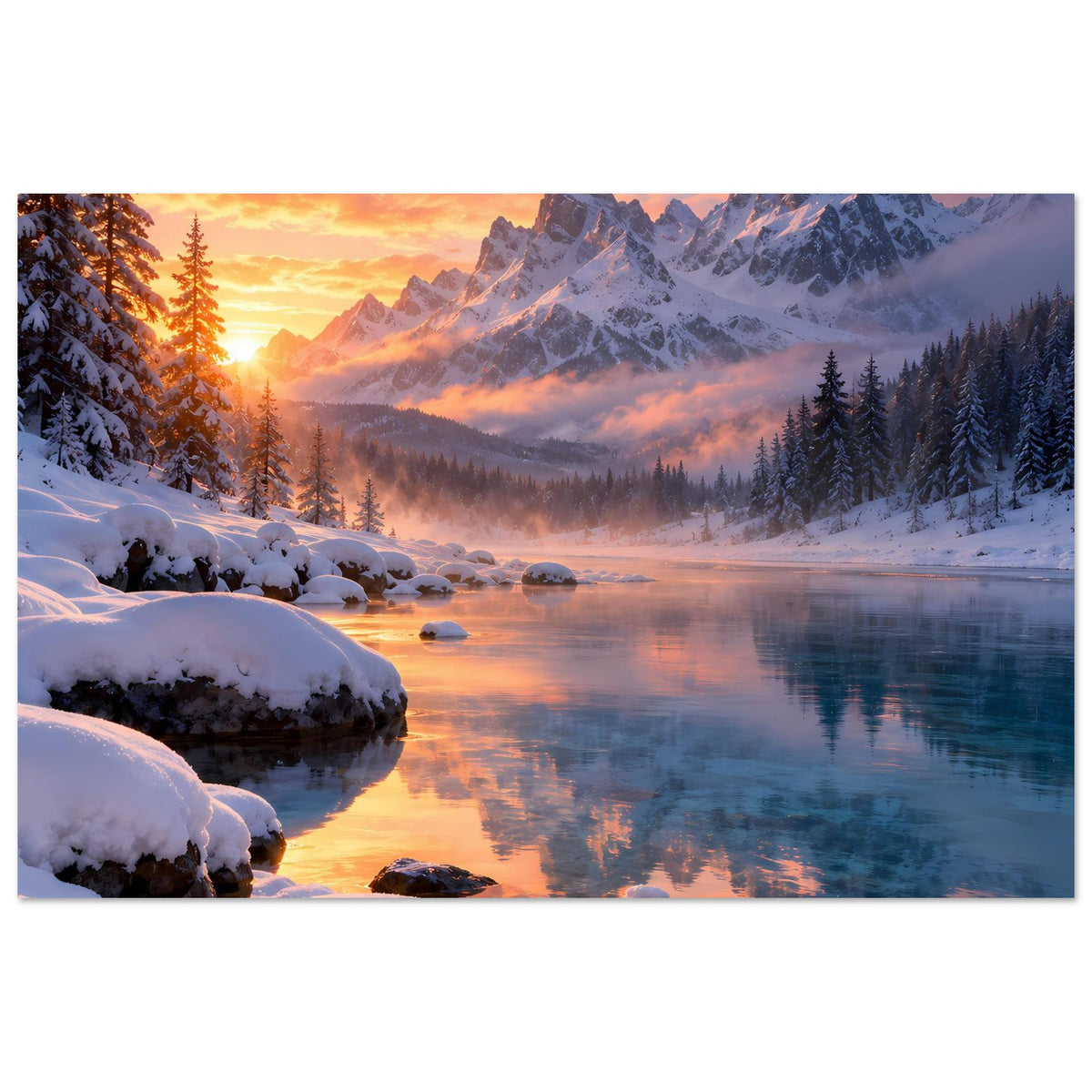 Horizontal-Poster mit verschneitem Seeufer, Tannenwald und Berggipfeln im warmen Sonnenlicht