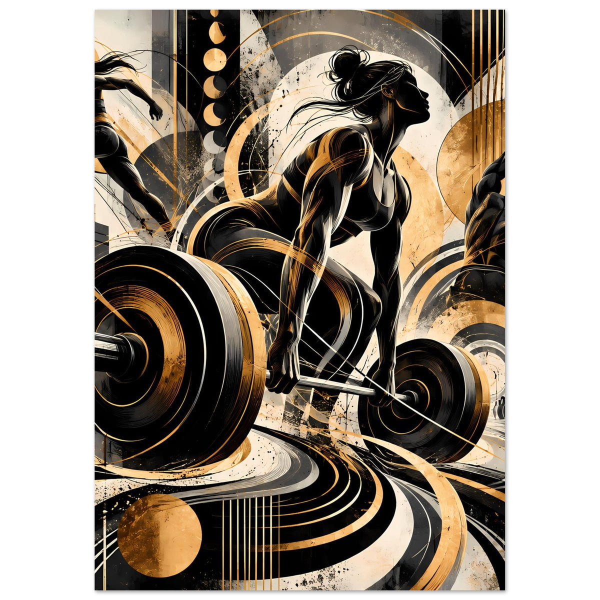 Fitness-Action Poster mit seitlicher Silhouette eines Athleten und Langhantel, Gold/Schwarz