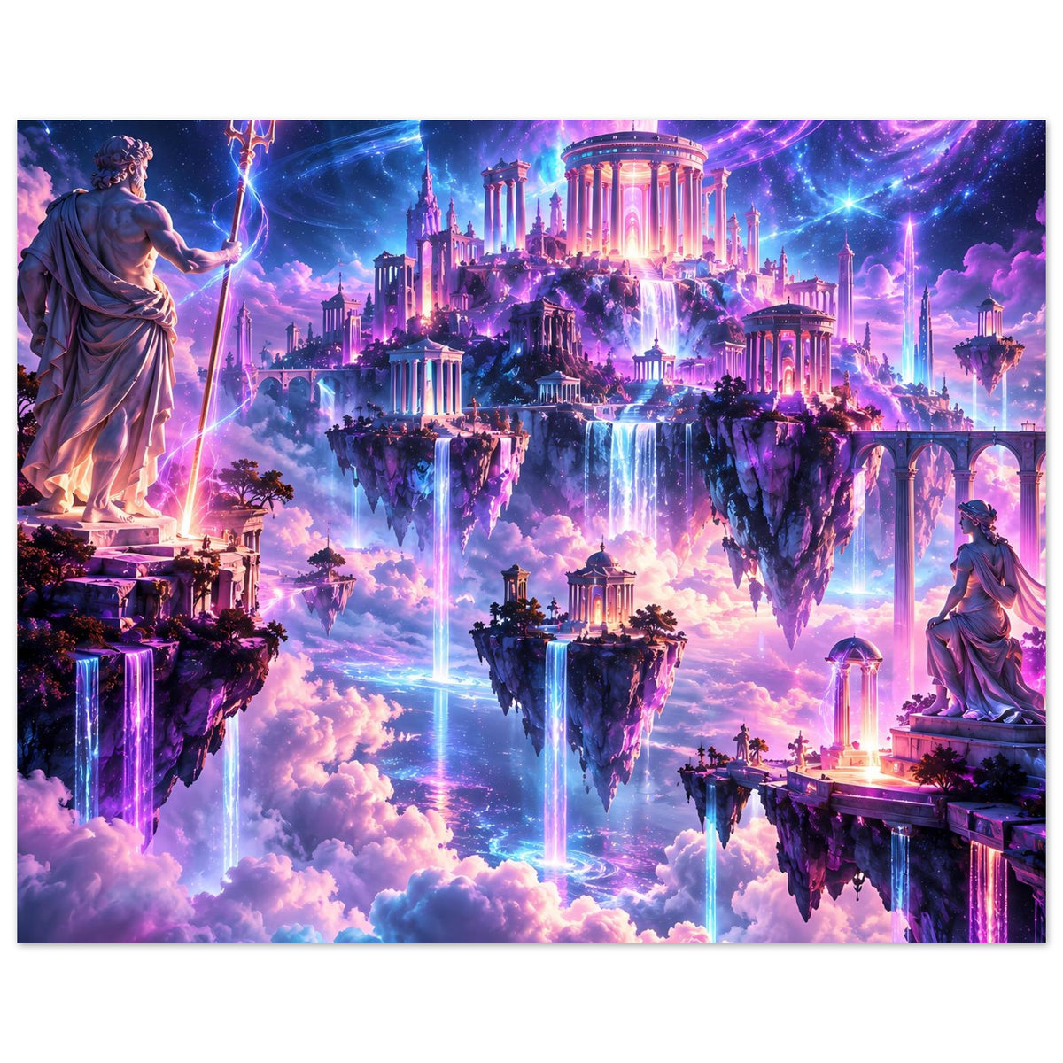 Fantasy-Poster im Querformat: schwebende Inseln, antike Tempel, blaue Lichtwasserfälle