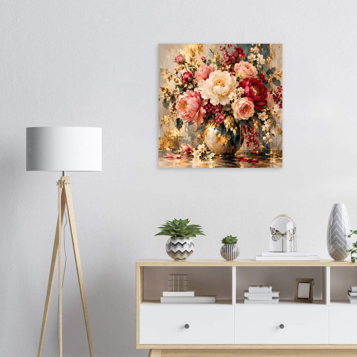 Blumenposter mit Rosenstrauß in Vase, warmes Goldbraun und Pinktöne.
